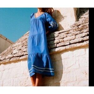 Zara‎ V Neck Embroidery Blue Gathered Tiers Midi Dress Women's Sz Small